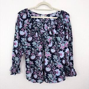 Anthro Mille Womens May Top Blouse Size M Resortwear Cotton Floral Tassel Black